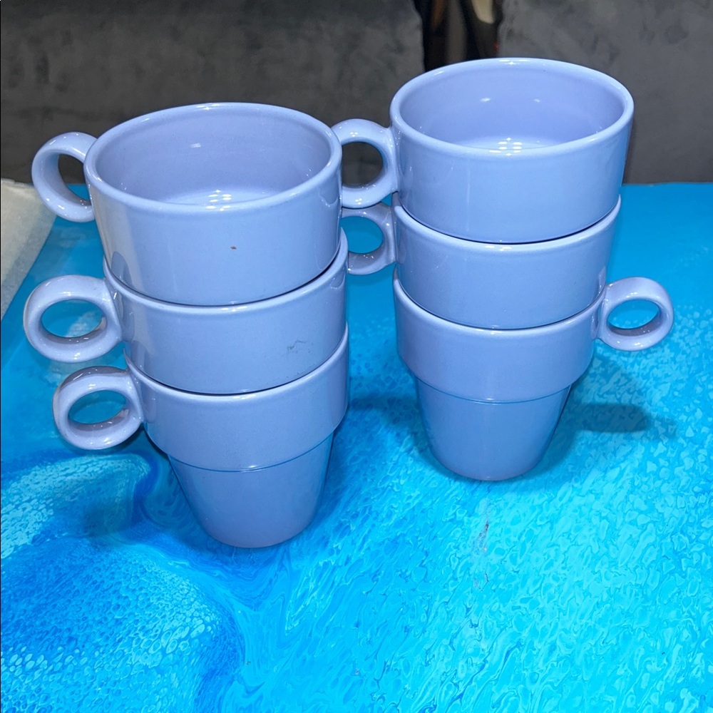 Stacking Coffee Cups Heavy Ceramic Retro Style Mugs Blue set of 6